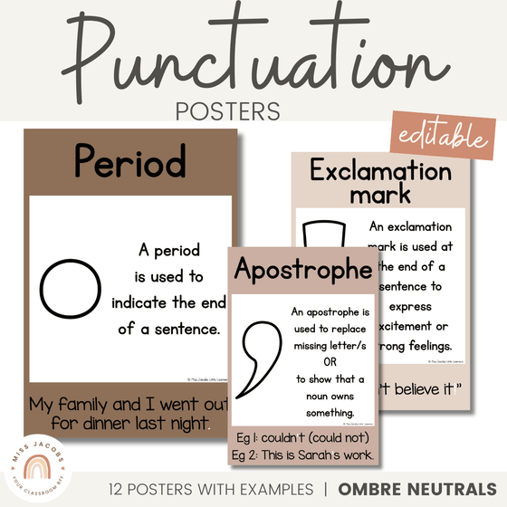 Punctuation Posters | Ombre Neutral English Classroom Decor - Miss Jacobs Little Learners
