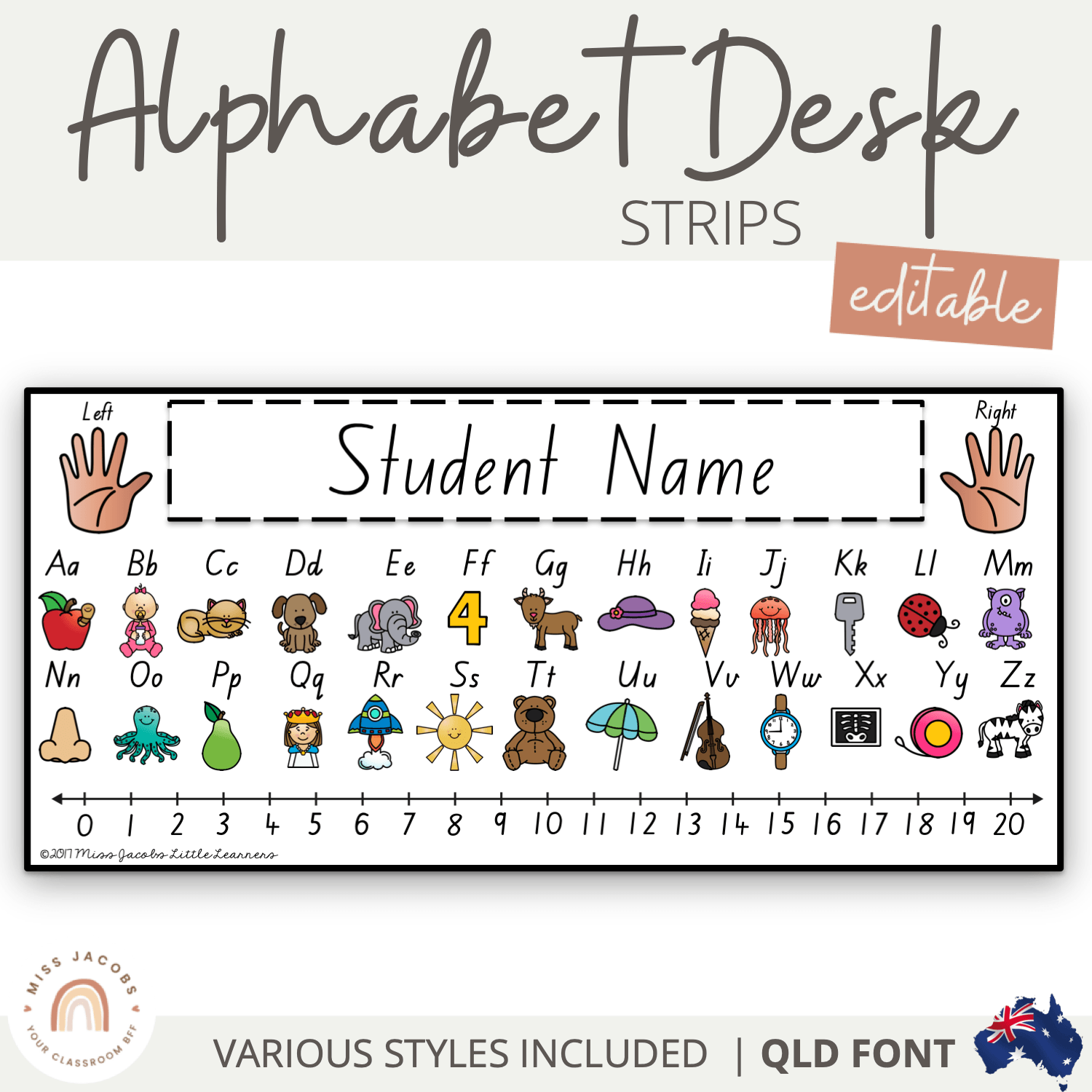 Qld Letter Layout QLD Beginners Font | Alphabet Desk Strips with Numbers | Student Name ...