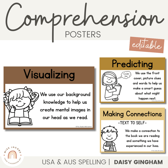 Reading Comprehension Strategies Posters | Daisy Gingham Neutrals English Classroom Decor - Miss Jacobs Little Learners