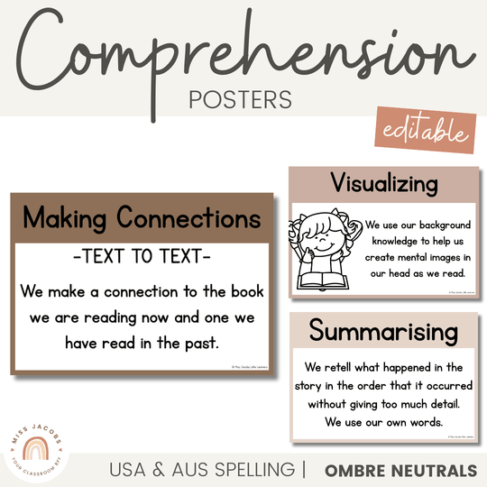 Reading Comprehension Strategies Posters | Ombre Neutral English Classroom Decor