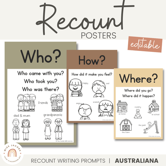 Recount Posters | Australiana Classroom Decor | Australian Flora and Fauna | Miss Jacobs Little Learners | Editable