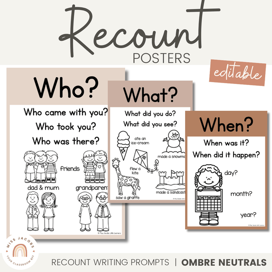 Recount Posters | Ombre Neutral English Classroom Decor - Miss Jacobs Little Learners