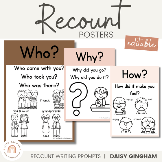 Recount Writing Posters and Prompts | Daisy Gingham Neutrals English Classroom Decor - Miss Jacobs Little Learners