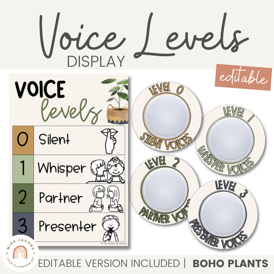 Rustic Boho Plants Classroom Voice and Noise Level Displays | Editable - Miss Jacobs Little Learners