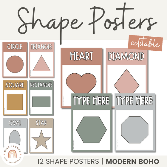 Shape Posters | Modern Simple Boho Classroom Decor | Editable - Miss Jacobs Little Learners
