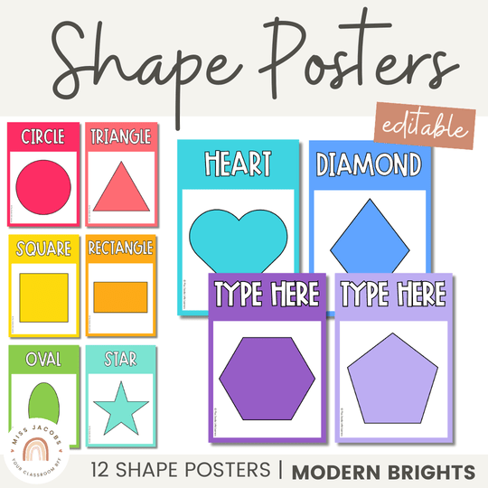 Shape Posters | Modern Simple Brights | Rainbow Classroom Decor | Editable
