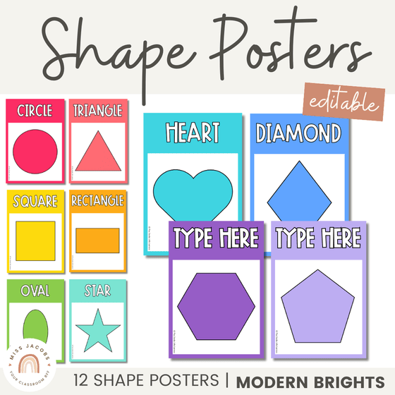 Shape Posters | Modern Simple Brights | Rainbow Classroom Decor | Editable - Miss Jacobs Little Learners