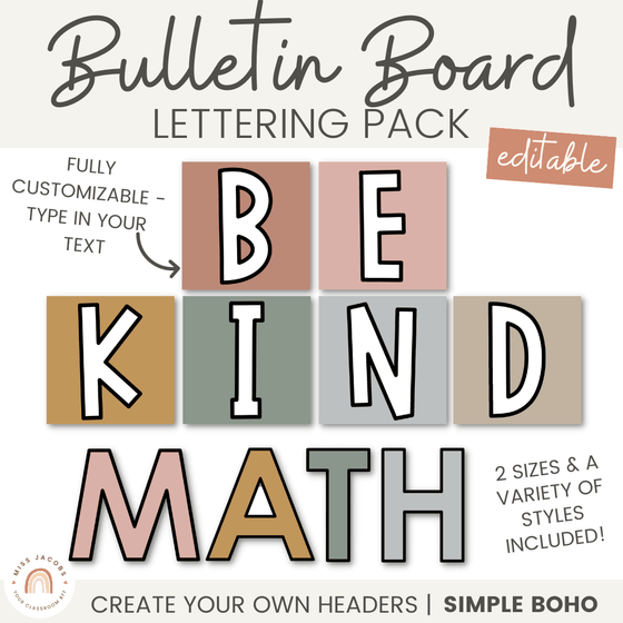 SIMPLE BOHO Bulletin Board Lettering Pack | Editable Neutral Classroom Display Headers - Miss Jacobs Little Learners