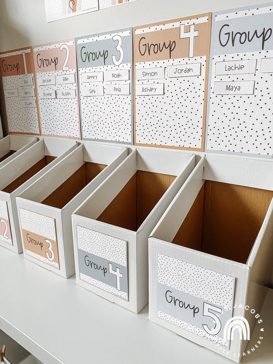 Spotty Boho Reading Groups Organizers | Editable Neutral Guided Reading Posters and Labels - Miss Jacobs Little Learners