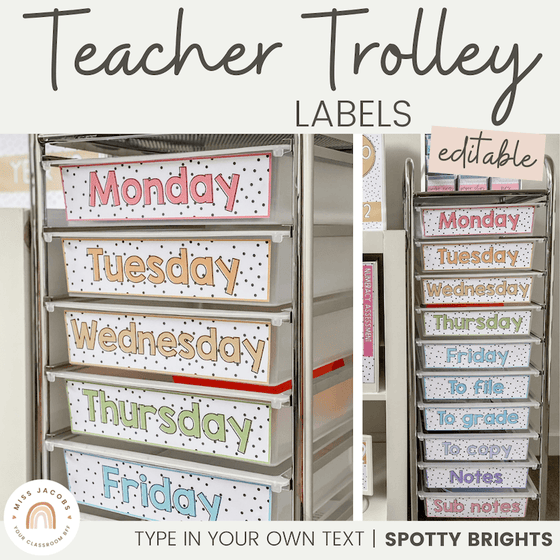 SPOTTY BRIGHTS | TEACHER TROLLEY LABELS | EDITABLE - Miss Jacobs Little Learners