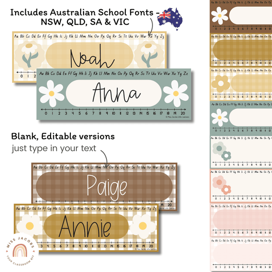 Student Desk Plates & Supply Labels | Daisy Gingham Neutrals Classroom Decor - Miss Jacobs Little Learners