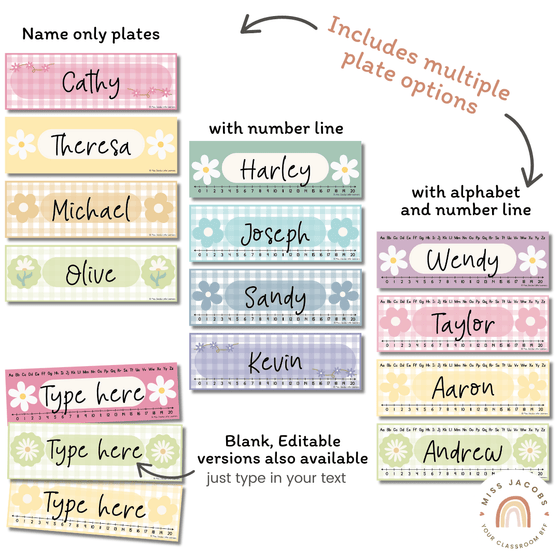 Student Desk Plates & Supply Labels | Daisy Gingham Pastels Classroom Decor - Miss Jacobs Little Learners