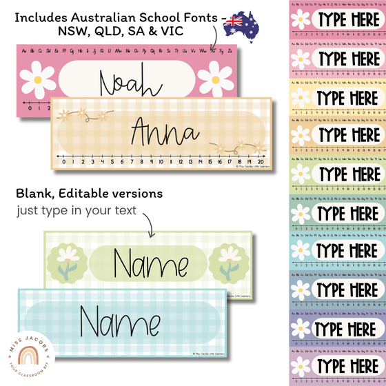 Student Desk Plates & Supply Labels | Daisy Gingham Pastels Classroom Decor - Miss Jacobs Little Learners