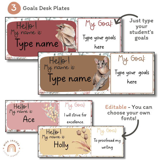 Student Name Tags & Goals Desk Plates | Australiana Classroom Decor | Flora and Fauna Theme | Editable - Miss Jacobs Little Learners