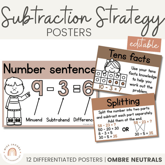 Subtraction Strategies Posters | Ombre Neutral Math Classroom Decor - Miss Jacobs Little Learners