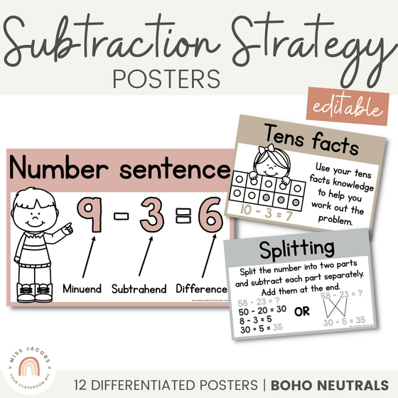 Subtraction Strategy Posters | Editable | Neutral Colour Palette - Miss Jacobs Little Learners