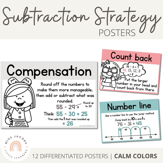 Subtraction Strategy Posters | MODERN RAINBOW Color Palette | Calm Colors Decor - Miss Jacobs Little Learners