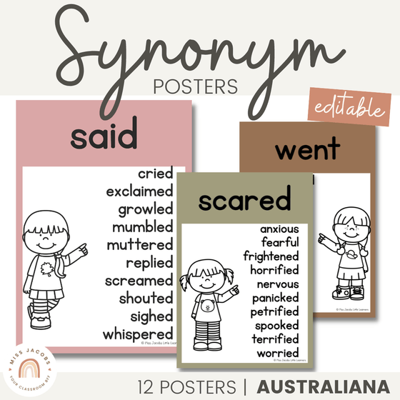 Synonym Posters | Australiana Classroom Decor | Australian Flora and Fauna | Miss Jacobs Little Learners | Editable