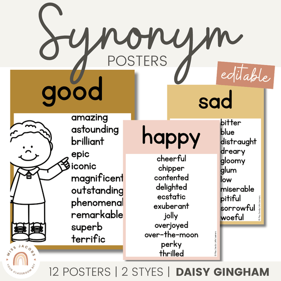 Synonym Posters | Modern Daisy Gingham Neutrals English Classroom Decor - Miss Jacobs Little Learners