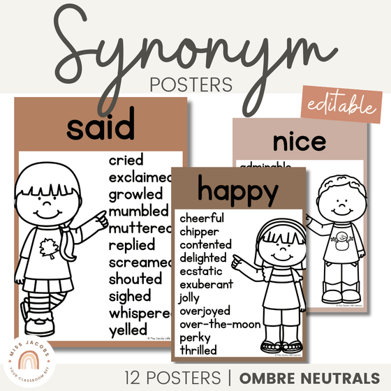 Synonym Posters | Ombre Neutral English Classroom Decor - Miss Jacobs Little Learners