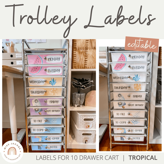Teacher Rolling Cart Labels | Tropical Theme | Editable - Miss Jacobs Little Learners