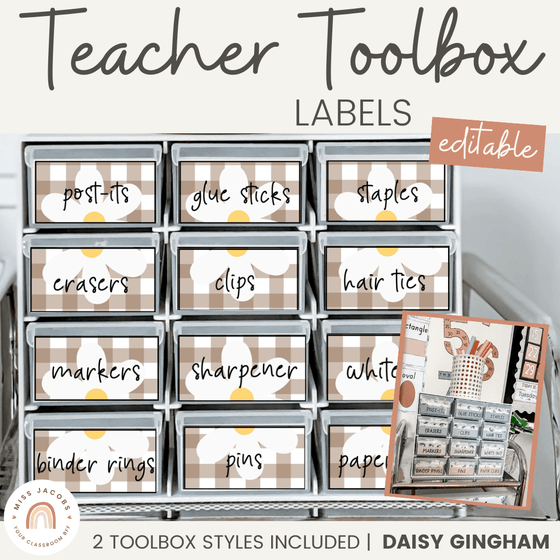 Teacher Toolbox Labels | Daisy Gingham Neutral Classroom Decor | Editable - Miss Jacobs Little Learners