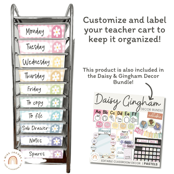 Teacher Trolley Labels | 10 Drawer cart labels in Daisy Gingham | Editable - Miss Jacobs Little Learners