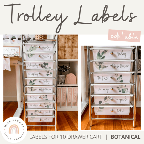 Teacher Trolley Labels | Modern Farmhouse / Botanical Theme | Editable - Miss Jacobs Little Learners
