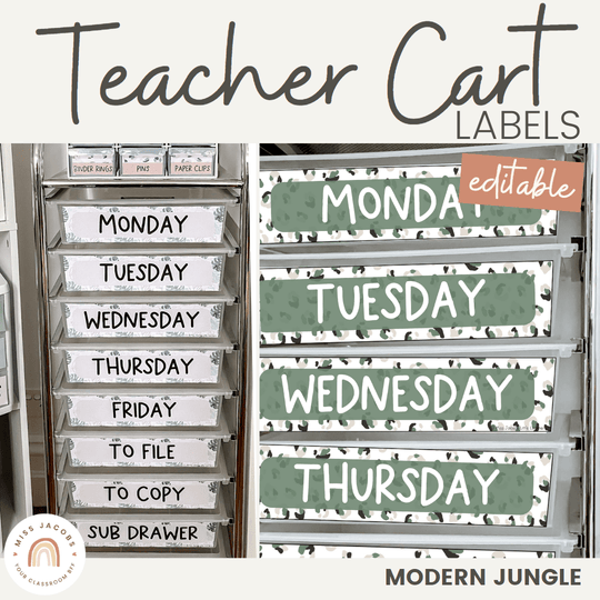 Teacher Trolley Labels for Rolling Cart - Modern Jungle Decor