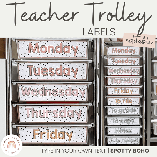 Teacher Trolley Labels for Rolling Cart - Spotty Boho Classroom Decor
