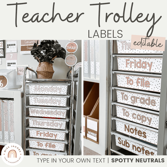TEACHER TROLLEY LABELS | SPOTTY NEUTRALS | EDITABLE - Miss Jacobs Little Learners