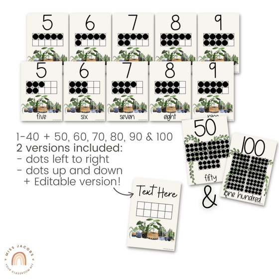 Ten Frame Number Posters 0 - 100 | Modern Boho Plants Classroom Decor - Miss Jacobs Little Learners
