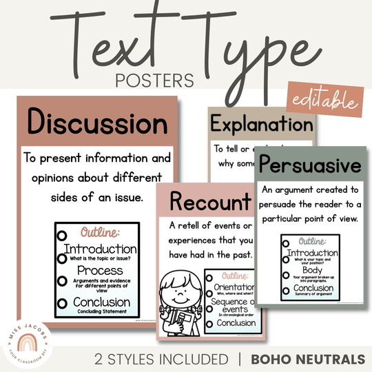 Text Type Posters - Boho Neutrals Classroom Theme