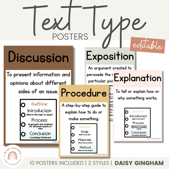 Text Type Posters | Daisy Gingham Neutrals English Classroom Decor - Miss Jacobs Little Learners