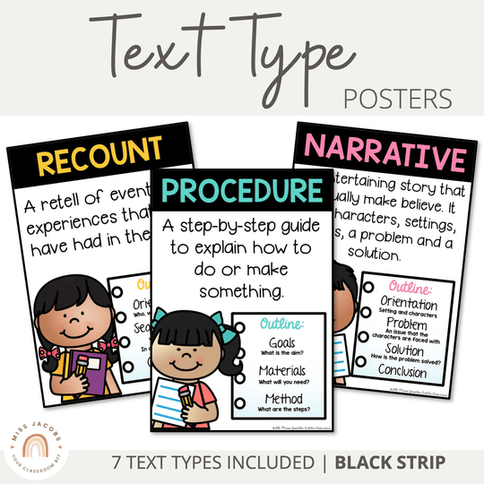 Text Type Posters | Narratives, Recounts, Procedures etc | Black Strip