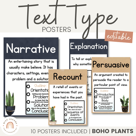 Text Type Posters - Boho Plants Classroom Decor