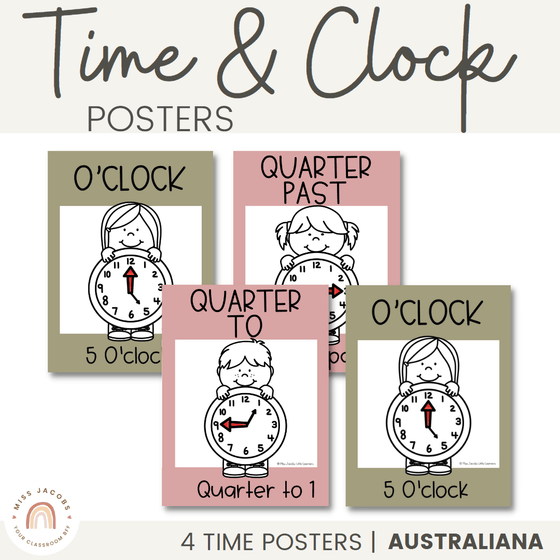 Time and Clock Posters | Math Posters Bundle | Australiana Classroom Decor | Australian Flora and Fauna | Miss Jacobs Little Learners | Editable