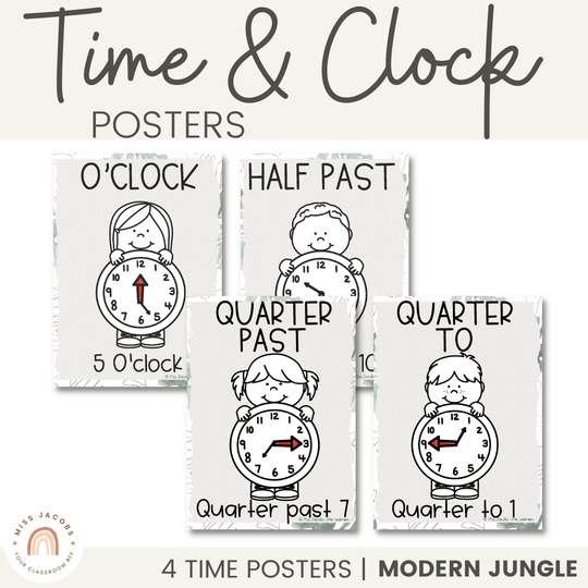Telling Time and Clock Posters - Modern Jungle Classroom Decor