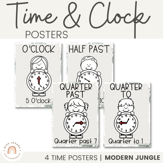 Telling Time and Clock Posters - Modern Jungle Classroom Decor