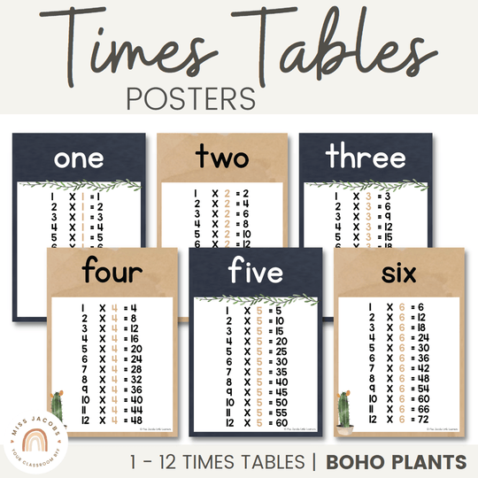 Times Table Chart - Boho Plants Classroom Decor