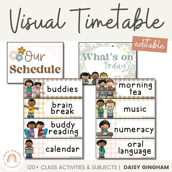 Visual Timetable & Daily Schedule | Daisy Gingham Neutrals Classroom Decor - Miss Jacobs Little Learners