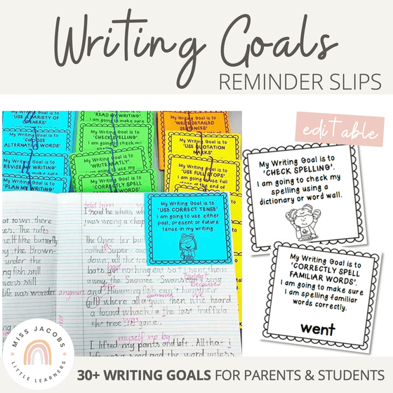 Writing Goals - Reminder Slips | Editable - Miss Jacobs Little Learners